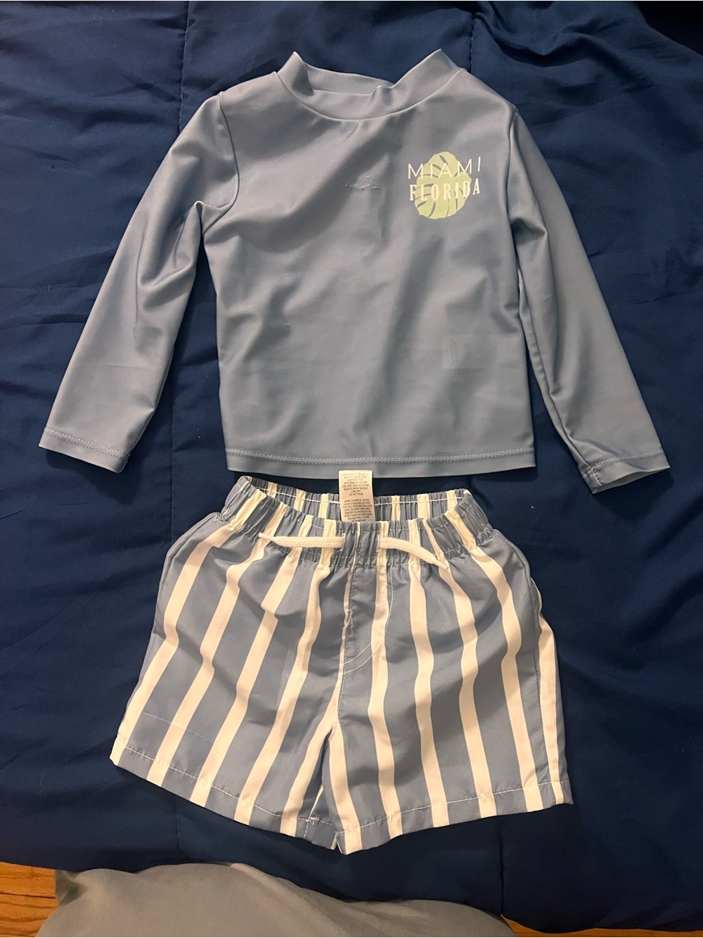 Boys' Light Blue Rash Guard & Striped Swim Trunks Set